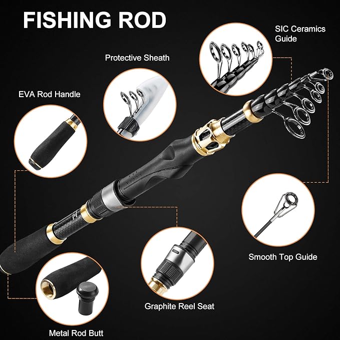 PLUSINNO Fishing Rod and Reel Combo, Telescopic Fishing Pole Kit with Spinning Reel, Tackle Box, Fishing Lures and Travel Carrying Bag, Fishing Gear Gifts for Men