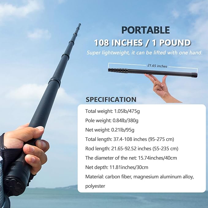 9ft/11.15ft Extra Long Fishing Net with Telescoping Handle, Carbon Fiber Extendable Landing Net, Dip Net for Fishing, Crab nets for Crabbing, Rubber Coated Netting, Holds up to 20lbs