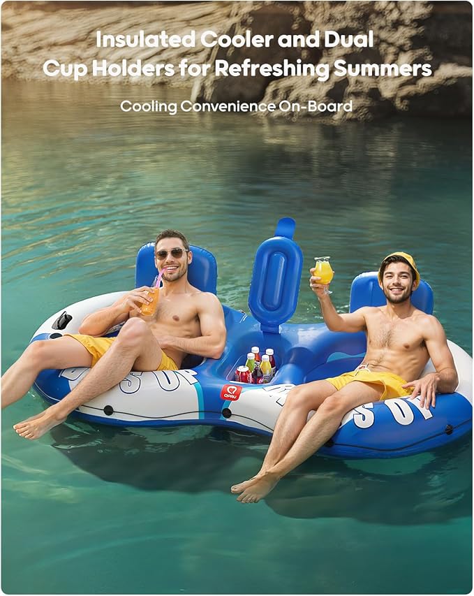 QPAU Inflatable Double River Tube, 2 Person 660lb Capacity, Puncture-Resistant 93" Sturdy Heavy Duty River Float, River Raft with Ergonomic Backrest, Cooler & Cup Holders for Family
