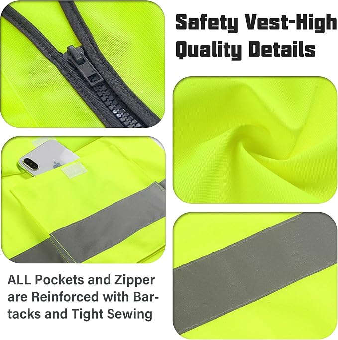 Safety Vests,Hi Vis Vest Reflective Vest with 5 Pockets and Zipper for Men Women, Neon Working Vest for Outdoor One Size