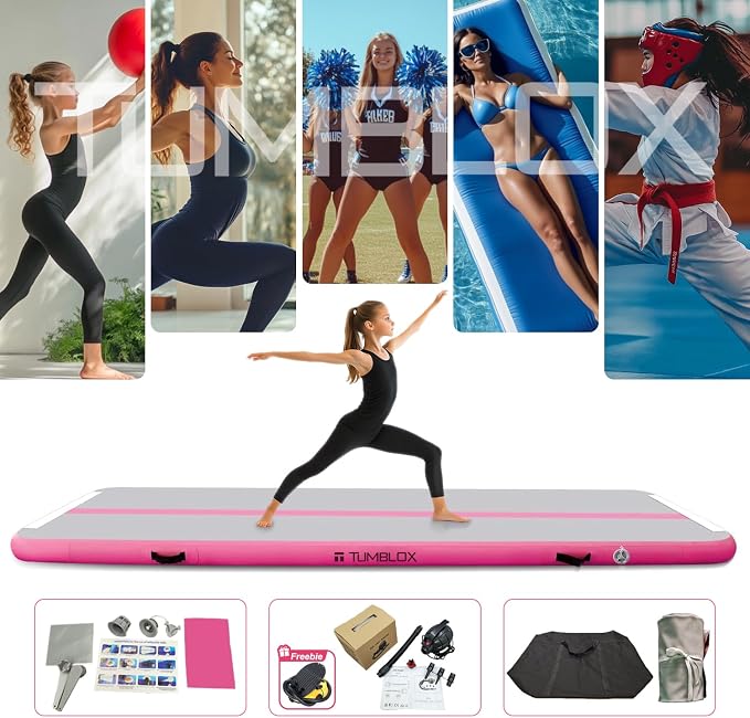 Air Gymnastics Mat Inflatable & Tumbling Mat – 4/8 Inches Thick with Electric Pump + Free Foot Pump – Ideal for Home, Gym, Water, and Beach Use