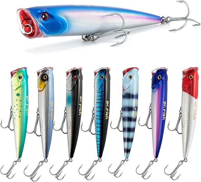 Dr.Fish Popper Saltwater Fishing Lures, 4/5.5 Inches GT Popper VMC Treble Hooks Surf Fishing Lures for Bass Striper Pike Salmon Offshore