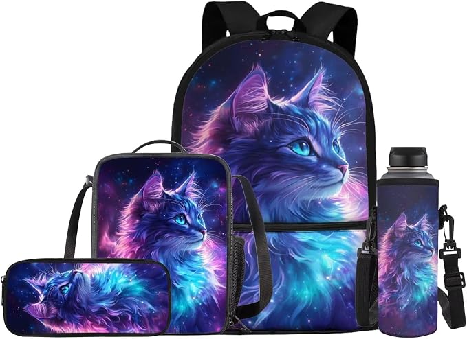 Kids School Bag for Girls Cat Backpack and Lunch Box Pencil Case Water Bottle Holder 4 PCS School Accessories Back to School Supplies