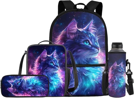 Kids School Bag for Girls Cat Backpack and Lunch Box Pencil Case Water Bottle Holder 4 PCS School Accessories Back to School Supplies