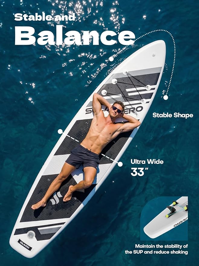 SOLAVERO Stand Up Paddle Board, 11‘ Inflatable SUP Supports 500LB - Wide Stable Board with Non-Slip EVA Deck for Adults & Youth of All Skill Levels