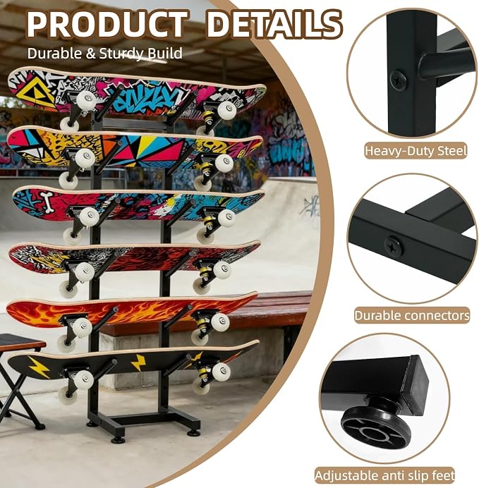 6-Tiers Heavy Duty Skateboard Racks Floor Stand, Skateboard Wall Mount, Snowboard Racks, Space Saving Storage for Garage Bedroom Skate Shop Gym, Black