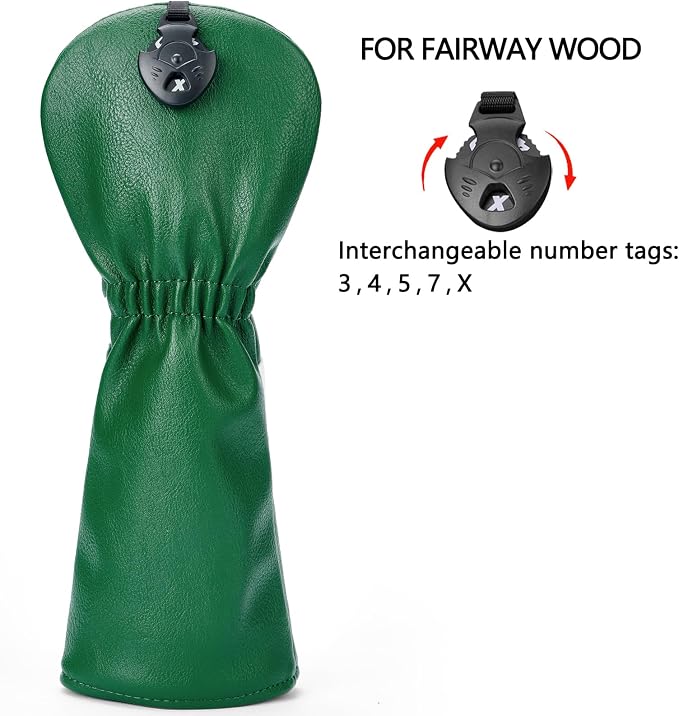 3PCS Vintage Golf Club Classic Green and Black Driver, Fairway Wood and Hybrid Head Covers Set PU Leather Headcovers with Interchangeable No. Tag