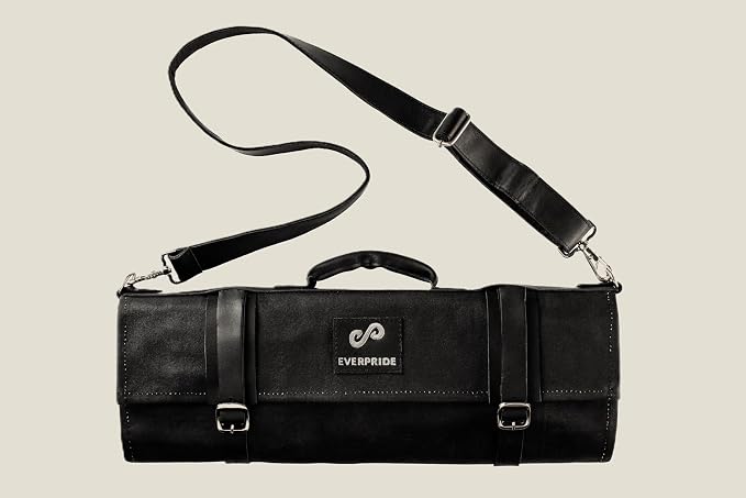 EVERPRIDE Waxed Canvas and Genuine Leather Trim Chef Knife Roll Bag Holds 12 Knives and Cooking Tools – Durable, Large Knife Case – Elegant Chef Bag for Professional Cooks and Students