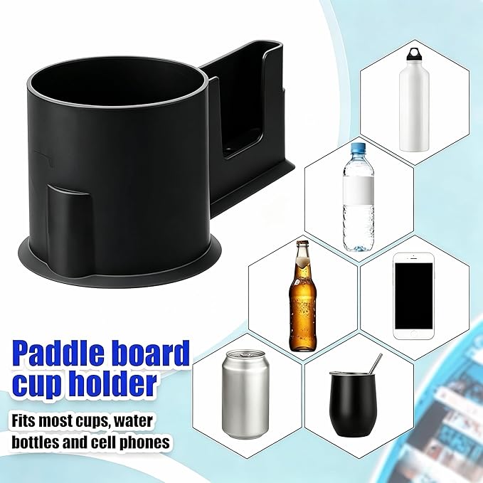 Paddle Board Cup Holder, Kayak Cup Holder, 2 in 1 Drink & Phone Holder, Paddle Board Accessories & Kayak Accessories for SUP, Canoe, Surfboard and Boat（Black）