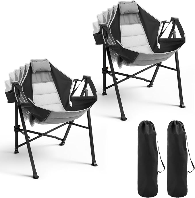 Hammock Camping Chair Set of 2 with Adjustable Backrest, 400lbs Heavy Duty Portable Swing Chair Outdoor with Headrest and Cup Holder, Foldable Camping Chair for Camping, Travelling, Patio, Lawn, Black