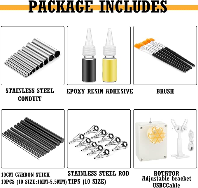 39 Pcs Fishing Rod Repair Kit, Include Fishing Rod Wrapping Winding Machine Rotator Set, 10 Top Guides 10 Repair Tubes 10 Carbon Fiber Inserts 2 Epoxy Glue 5 Paintbrush Rods Building Tool