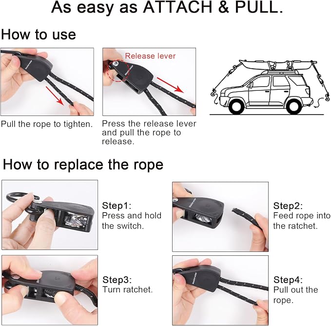 1/8" x8' Kayak Tie Down Straps with Reflective Stripe, Boat Trailer Straps Canoe Bow and Stern Rope Hanger Kayak and Canoe Accessories (Black, 4PCS)