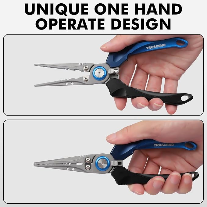 TRUSCEND Easy Use Lockable Fishing Pliers with Tungsten Carbide Cutter, Innovative Ergonomic Handy Handle, Saltwater Corrosion Resistant Teflon Coated Fishing Tool, Light Multi-Function Fishing Gear