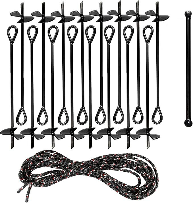Ashman Black Ground Anchor (16 Pack) 15 Inches in Length and 10MM Thick in Diameter with 65 Feet of Rope.
