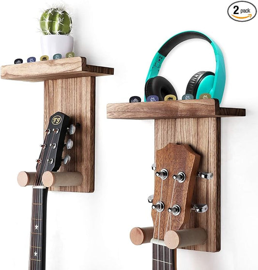 Keebofly Guitar Wall Mount Hanger with Shelf & Pick Holder - 2 Pack Guitar Holder Wall Hook for Acoustic, Electric, Bass Guitars, Ukulele (Screw-Mounted, Brown) [Patented]