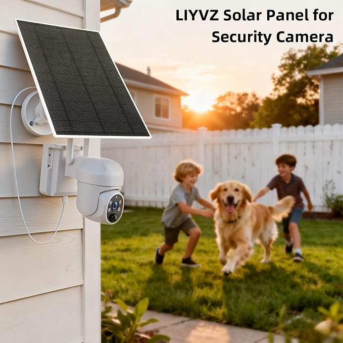 LIYVZ 5W Solar Panel for Security Camera, Solar Panel with Battery 8000mAh | Rechargeable Li-ion Battery, 3-in-1 Micro USB & USB C & DC, 25% High Efficiency, ETFE Film, IP65 Waterproof