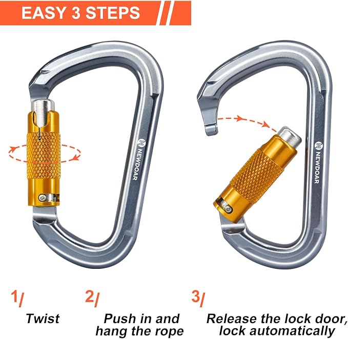 NewDoar 28KN UIAA & CE Certified Auto Climbing Carabiner Professional Heavy Duty Caribeaner for Rappelling D-Shaped