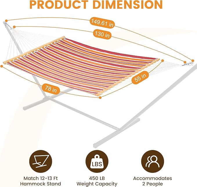 Lazy Daze Hammocks Quick Dry Hammock with Spreader Bar Textliene Fabric Double 2 Person Hammock with Chains Outdoor Patio Poolside Backyard Beach 450 lbs Capacity, Red Stripes