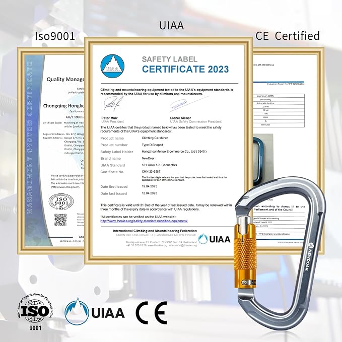 NewDoar 28KN UIAA & CE Certified Auto Climbing Carabiner Professional Heavy Duty Caribeaner for Rappelling D-Shaped