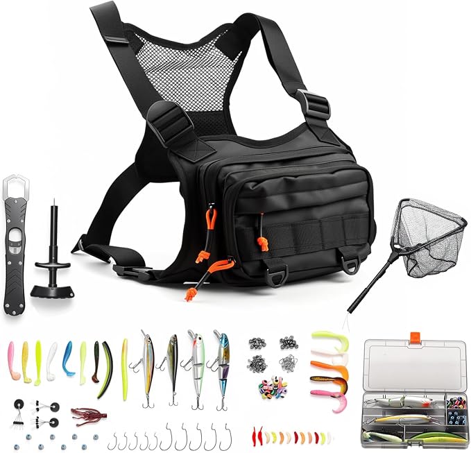 Fishing Chest Pack Vest Bag w/ Fish Floating Landing Net, Tackle Box, Fishing Lures Kit, Hook Remover, Fish Lip Gripper, Fishing Plier Friendly for Beginners Gifts for Men (w/ Fish Net) (Black)