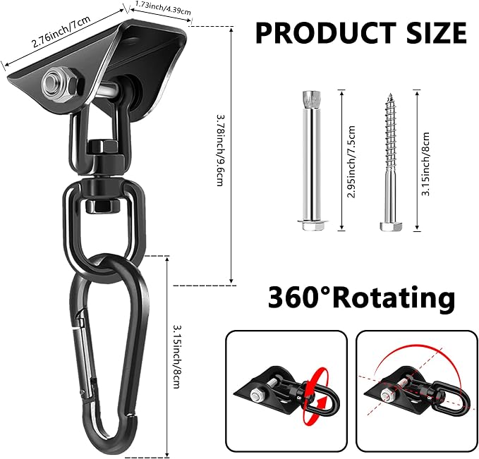 Hammock Hanging Kit, 360° Rotating Heavy Duty Swing Chair Hook 1200 lbs Capacity, Ceiling Mount Hammock Chair Hardware with Carabiner for Indoor Outdoor Yoga, Tree, Porch, Seat, Home Gym