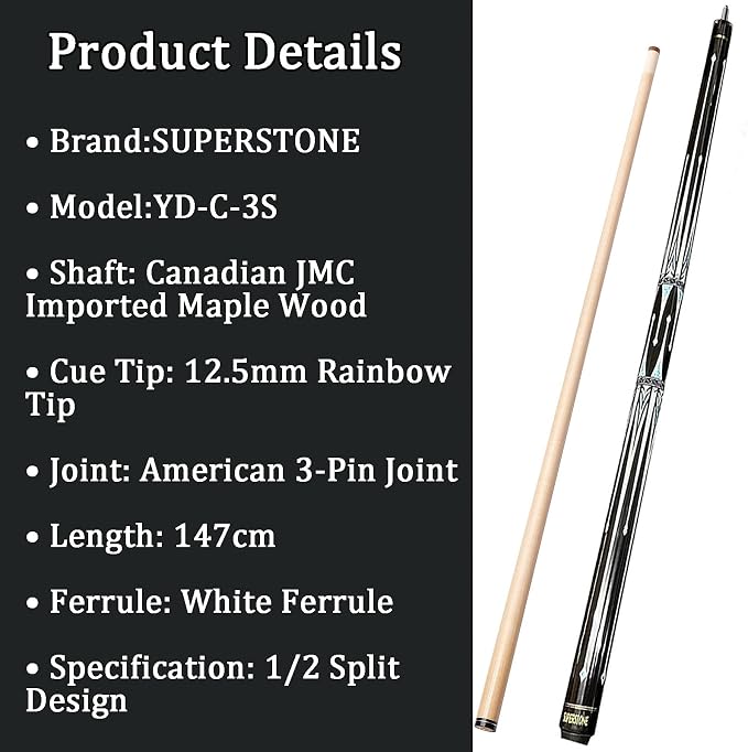 SUPERDIAMOND Pool Cue Stick Set Billiard Cue Sticks with Hard Case, 2-Pieces 58" Pool Table Sticks, 12.5 mm Tip Pool Queue,Pool Stick Set for Home Recreation, Billiards Clubs, Training