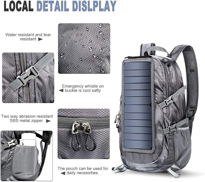 Solar Backpack Foldable Hiking Daypack With 5V Power Supply
