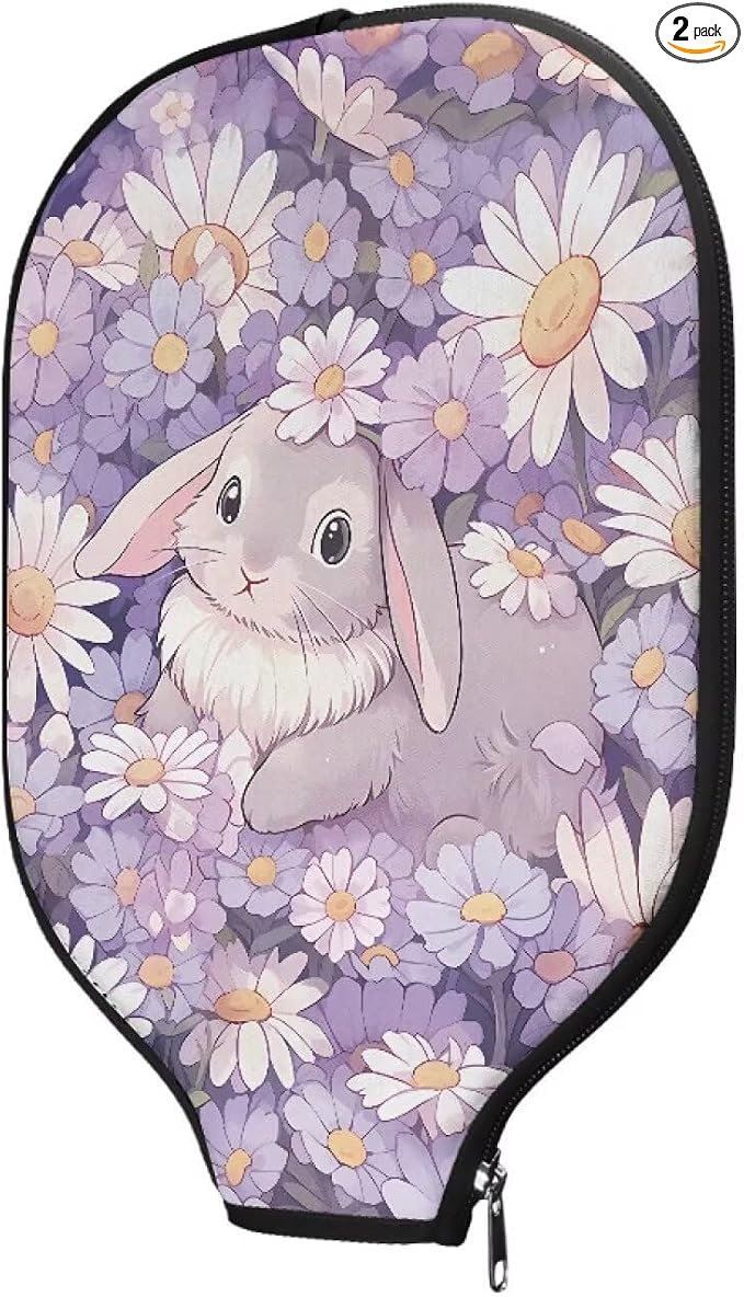 Bunny Pickle Ball Paddle Cover with Zipper 2 Pack Racket Sleeve Portable Pickleball Sports Equipment Case Portable Paddle Covers Fits All Pickleball Paddle Shapes and Sizes Easter Gifts