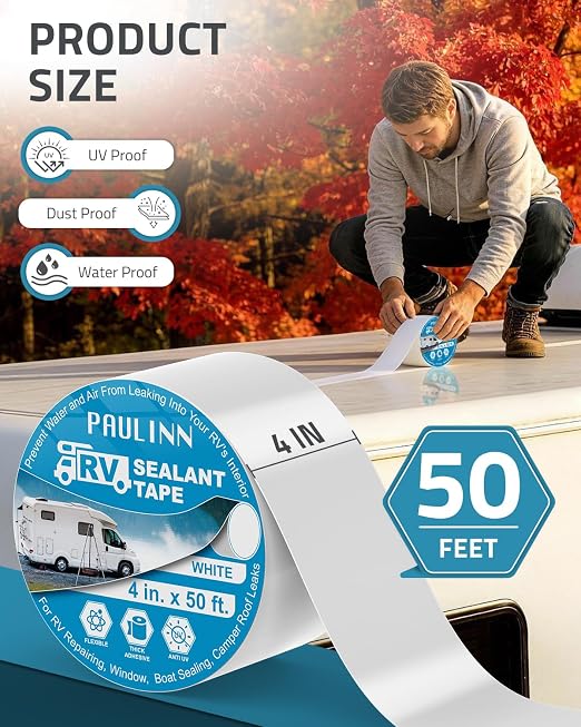 PAULINN RV Camper Roofing Repair Sealant Tape White, 4 Inch X 50 Foot Natural Rubber Roof Sealing Tape, UV & Weatherproof Roof Seal Tape for RV Camper Trailer Boat Sealing Leak Repair