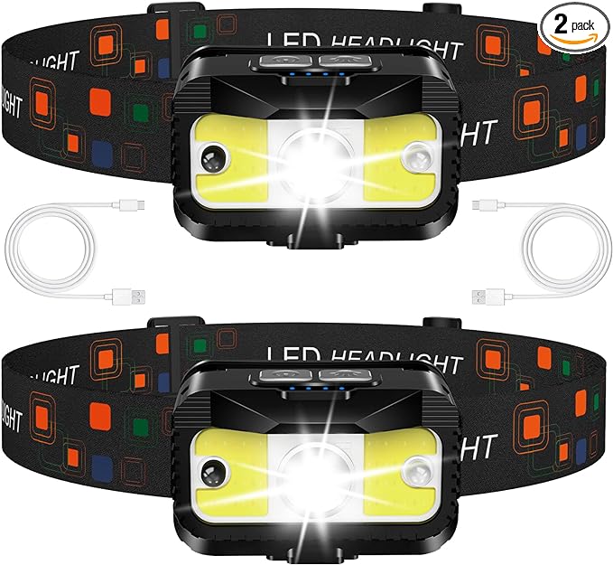 MIOISY Headlamp Rechargeable, Ultra Bright LED Head Lamp Flashlight with White Red Light, 2 Pack Motion Sensor Waterproof Headlight, 8 Modes Lights for Camping Fishing Running
