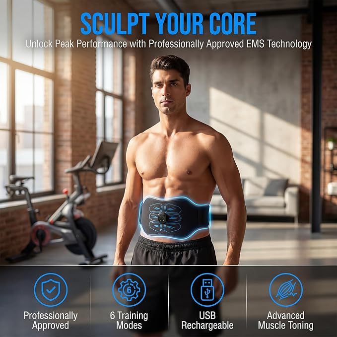 FDA Cleared ABS Stimulator Muscle Toner, Ab Machine, Portable Abdominal Belt, Electronic Pulse Massager, Home Office Fitness Belt Workout Equipment (Black Blue)