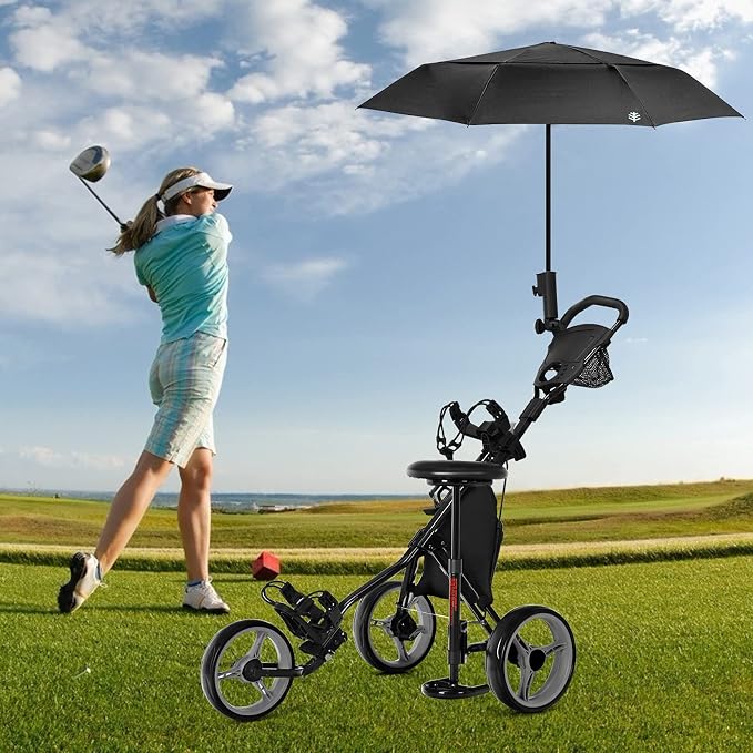 GYMAX Foldable 3-Wheel Height Adjustable Lightweight Golf Caddy Cart with Umbrella Holder, Hydraulic Seat, Storage Bag & Cup Holder