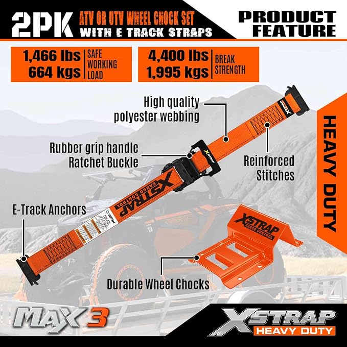 XSTRAP STANDARD Wheel Chock E-Track Tie Down Straps Kit, 2 Pack 2" x 9FT Over-The-Tire Ratchet Straps with Steel Wheel Chocks, 1466 lbs WLL for ATV, UTV, Lawn Mower, Trailer Hauling, Orange