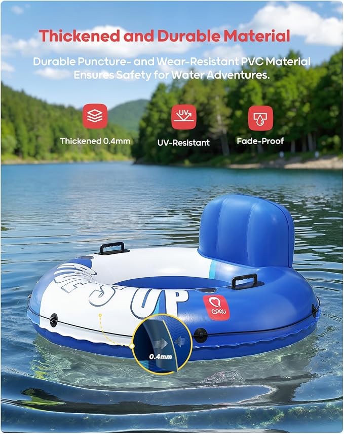 QPAU Inflatable River Tube, 0.4 mm Thickened Puncture-Resistant Heavy Duty River Float, River Raft with Ergonomic Backrest, Mesh Bottom & 2 Cup Holders for Family Friends Lake Float