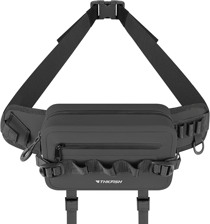 THKFISH Waterproof Fishing Waist Pack with Fishing Rod Holder, Airtight Zipper Closure, Lightweight Sling Fishing Waist Bag for Fly Fishing