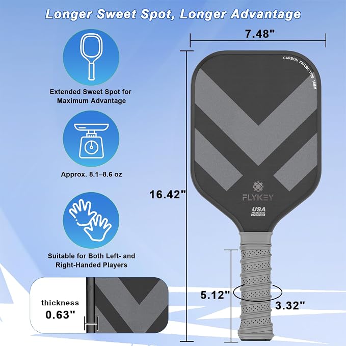 FLYKEY Pickleball Paddles, T700 Carbon Fiber Pickleball Paddle with a 16mm Shark Power Polymer Core, USAPA Approved Pickle Ball Paddle, Strong Spin and Power Surface,Strong Shock Absorption