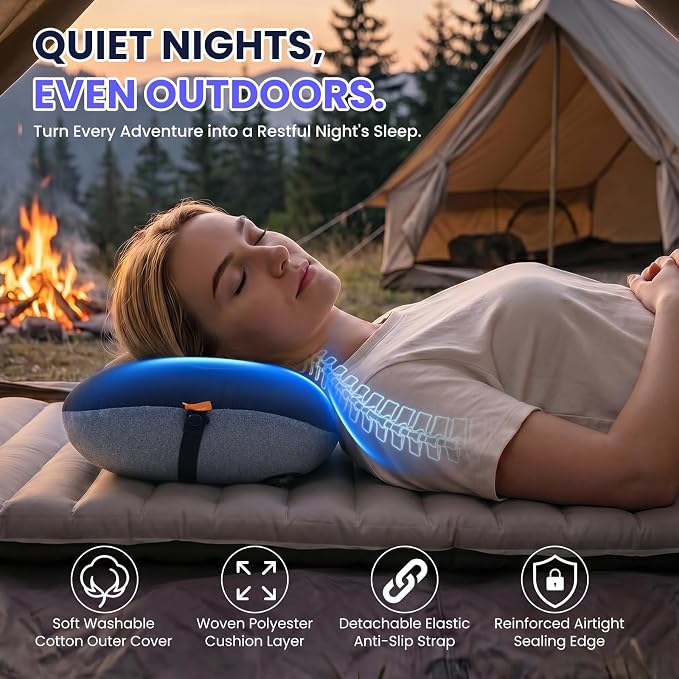 Inflatable Camping Pillow - Ultralight Compact Air Pillow for Travel, Backpacking & Hiking - Ergonomic Neck & Lumbar Support - Portable Inflatable Pillow with Removable Washable Cover - (Black)