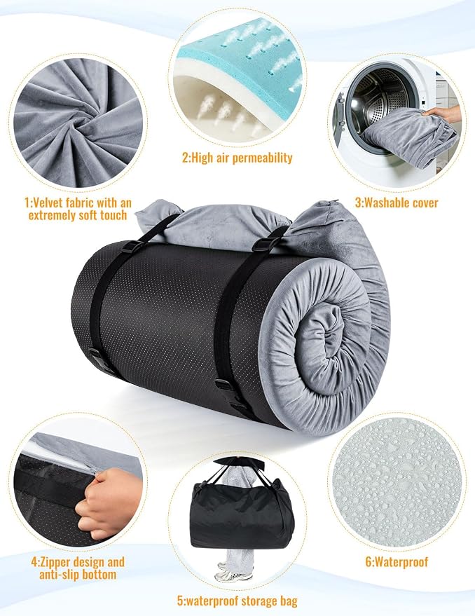 Memory Foam Camping Mattress Pad, Ventilated Breathable Design CertiPUR-US & Oeko-TEX Certified Sleeping Pad Waterproof 3inch Non-Slip Portable Sleeping Camping Mat with Storage Bag for Car Travel