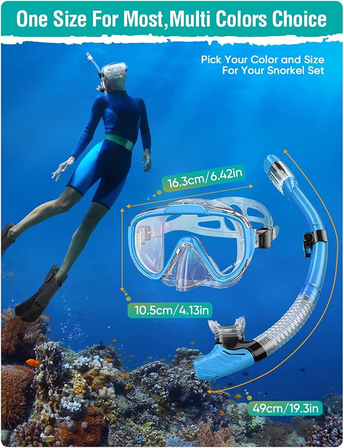 Seovediary Snorkel Set Adults Snorkeling Gear Anti-Fog Panoramic View Swim Mask Dry Top Snorkel Kit with Carry Bag for Snorkeling Scuba Diving Swimming Travel