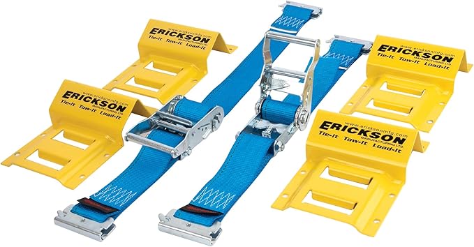 Erickson Wheel Chock Tie-Down Kit, 2 in x 7.5 ft, Double Slotted E-Fitting, Fits 10 in-30 in Tires, 1500 lb Ratchet Straps - Secures ATV, UTV, SxS, Mower & More