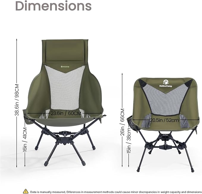 MellowCamp Folding High Back Camping Chair with Pillow, Portable Lightweight Chair Supports 374 lbs for Car Camping, RV, Tailgating, Beach, Fire Pit, Festival (Green)