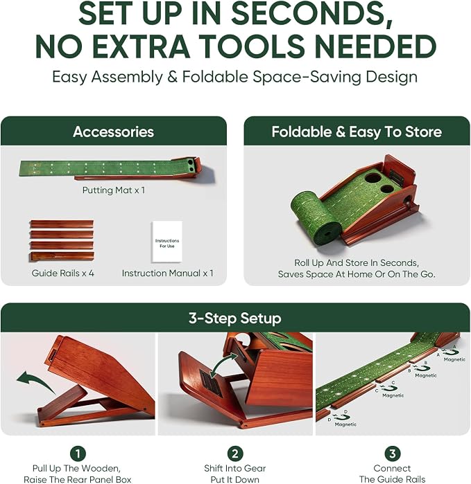 Golf Putting Green Indoor - Practice Uphill Putts, 3-Level Adjustable Incline, Auto Ball Return and Foldable Solid Wood Base, Golf Training Aid for Home, Office, Backyard - Golf Putting Mat
