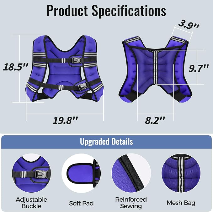 Zeerun Weighted Vest, 6lb/8lb/10lb/12lb/15lb/18lb/20lb/24lb/30lb for Men Women, Reflective Stripe Adjustable Buckle, Comfortable Durable Rucking Vest for Walking Running Strength Training