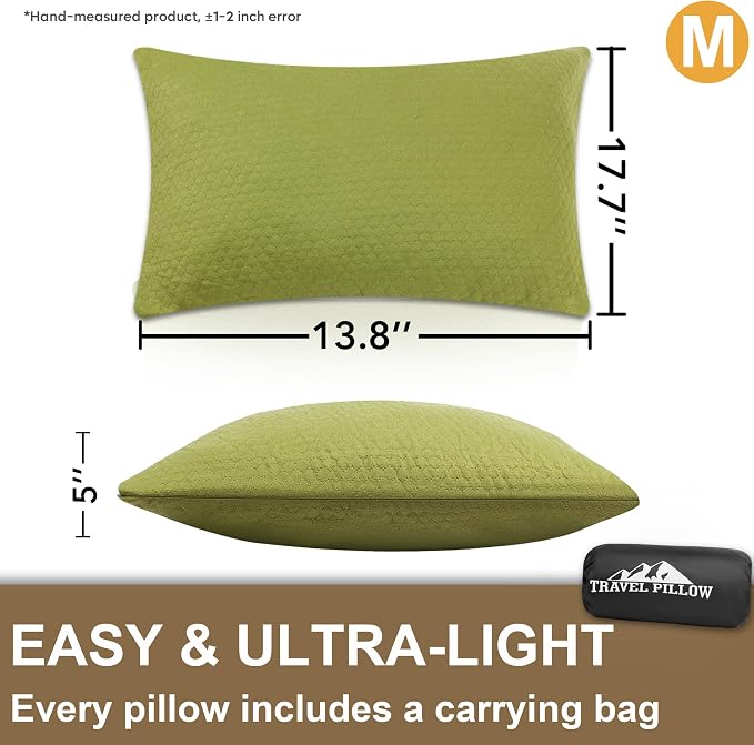 Travel Pillow Compressible Camping Memory Foam Pillow - Avocado Green M Size, Turquoise Blue S Size, Ideal Backpacking, Airplane and Car