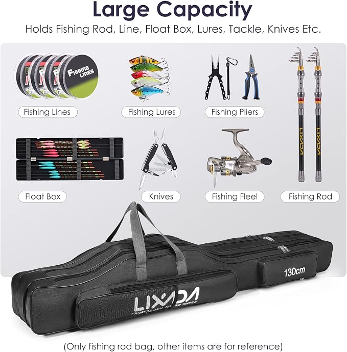 Lixada Fishing Rod Case, 3 Layers Oxford Fishing Rod Bag, Portable Foldable Fishing Pole Bag, Fishing Rod Carrier Fishing Tackle Storage Bag Travel Carry for Fishing Gear & Equipment