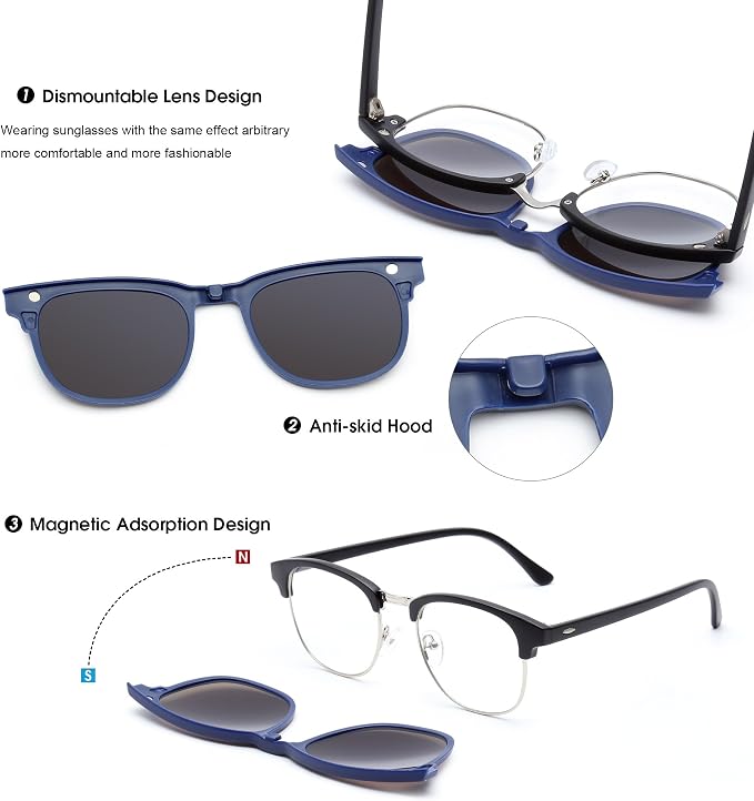 JIM HALO Magnetic 5Pcs Polarized Clip-on Sunglasses Plastic Frame for Night Driving