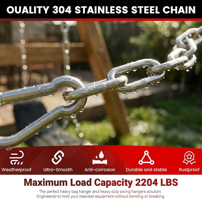 sprookber 1000LB Heavy Duty Hanging Swing Chain, 6mm Thick 304 Stainless Steel Hanging Chain with 4 Carabiners, 67" Hardware Kit for Hammock, Hanging Chair, Punching Bags, Tree, Indoor & Outdoor