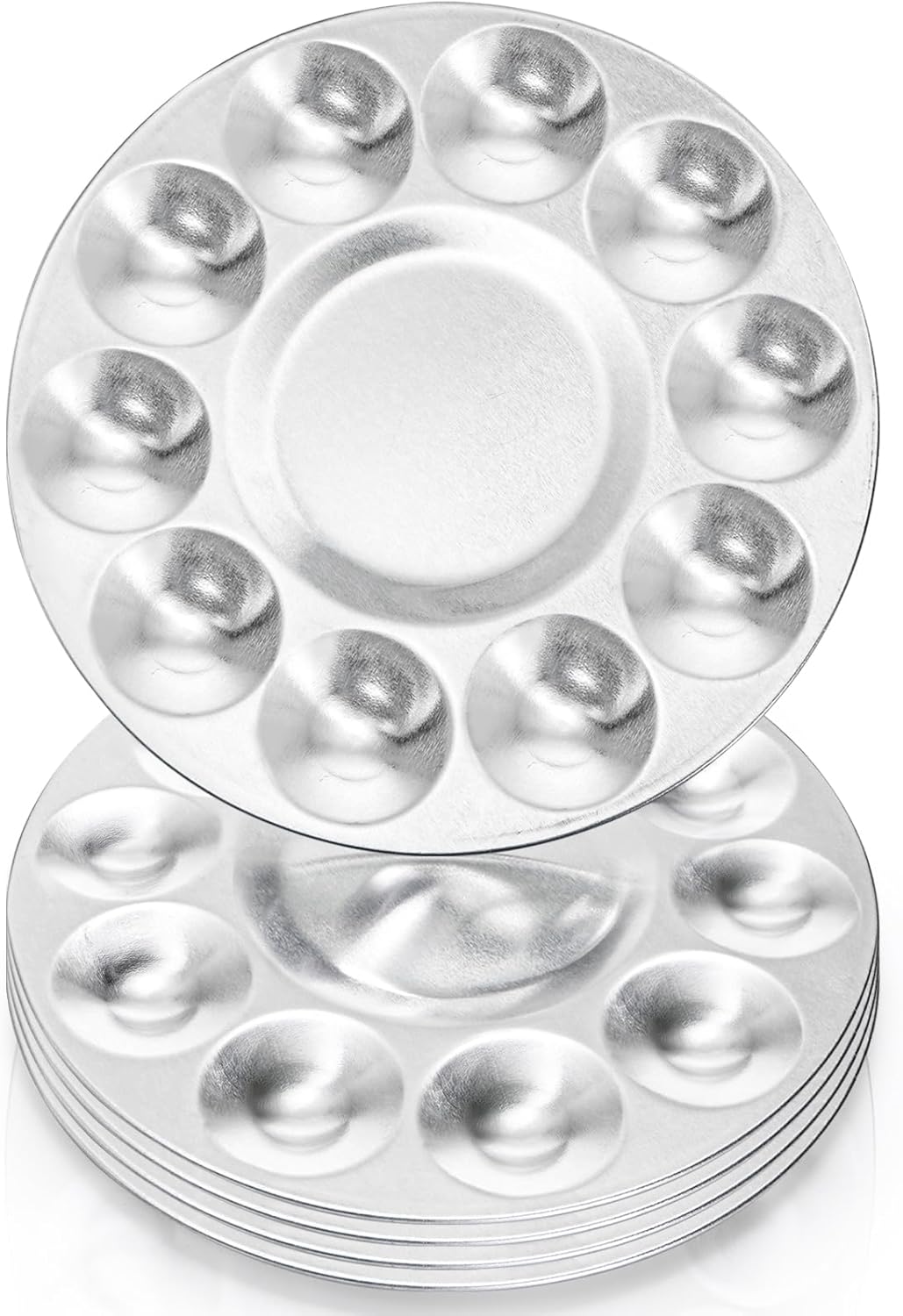 10 Pack Paint Tray Palettes, 6.7&quot; Metal Paint Mixing Pallets, 10-Well Painting Palette, Washable Round Paint Holder Tray for DIY Craft Professional Watercolor Oil Art Painting Project, Silver