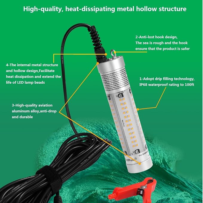 80W 9600lm Underwater Fishing Light, IP68 Waterproof Aluminum Super Bright Night Fish Attracting Submersible LED Lamp Lure Bait Finder for Freshwater Saltwater Sea Kayak Boat Ice Dock (Yellow)