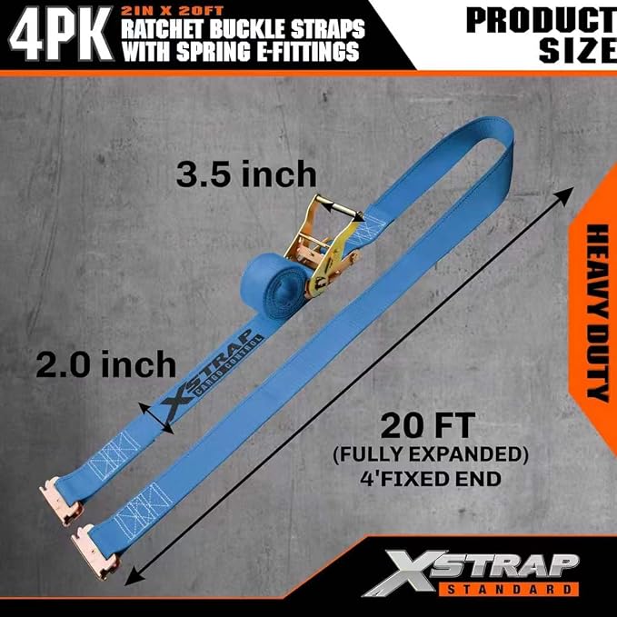 XSTRAP STANDARD 4-Pack 2" x 20' E-Track Ratchet Tie Down Straps 4,400 lbs Break Strength Heavy Duty Cargo Securement for Trailers, Trucks, Vans & Motorcycles with Spring Fittings (Blue)